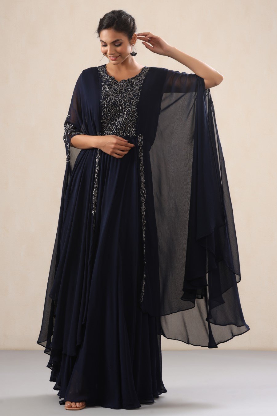 Navy Blue Georgette Embellished Layered Gown