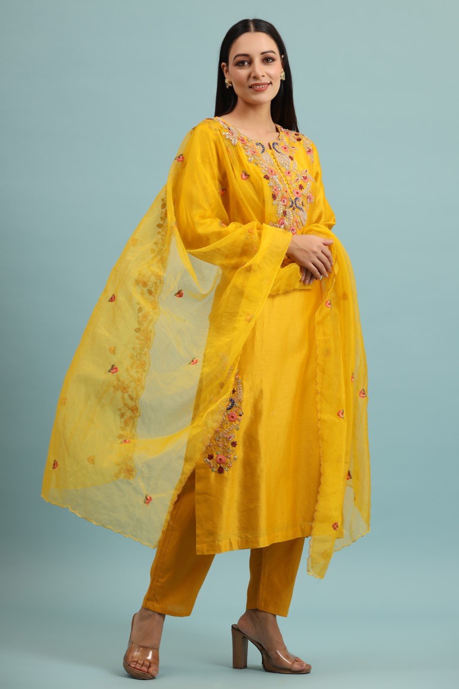 Festive Yellow Modal Chanderi Embroidered Kurta Set
