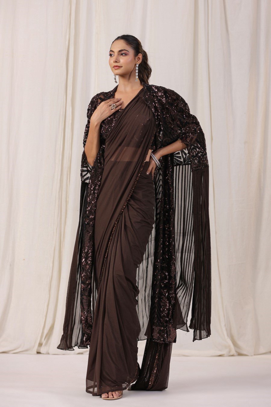 Smoky Brown Heavy Embellished Draped Saree with jacket