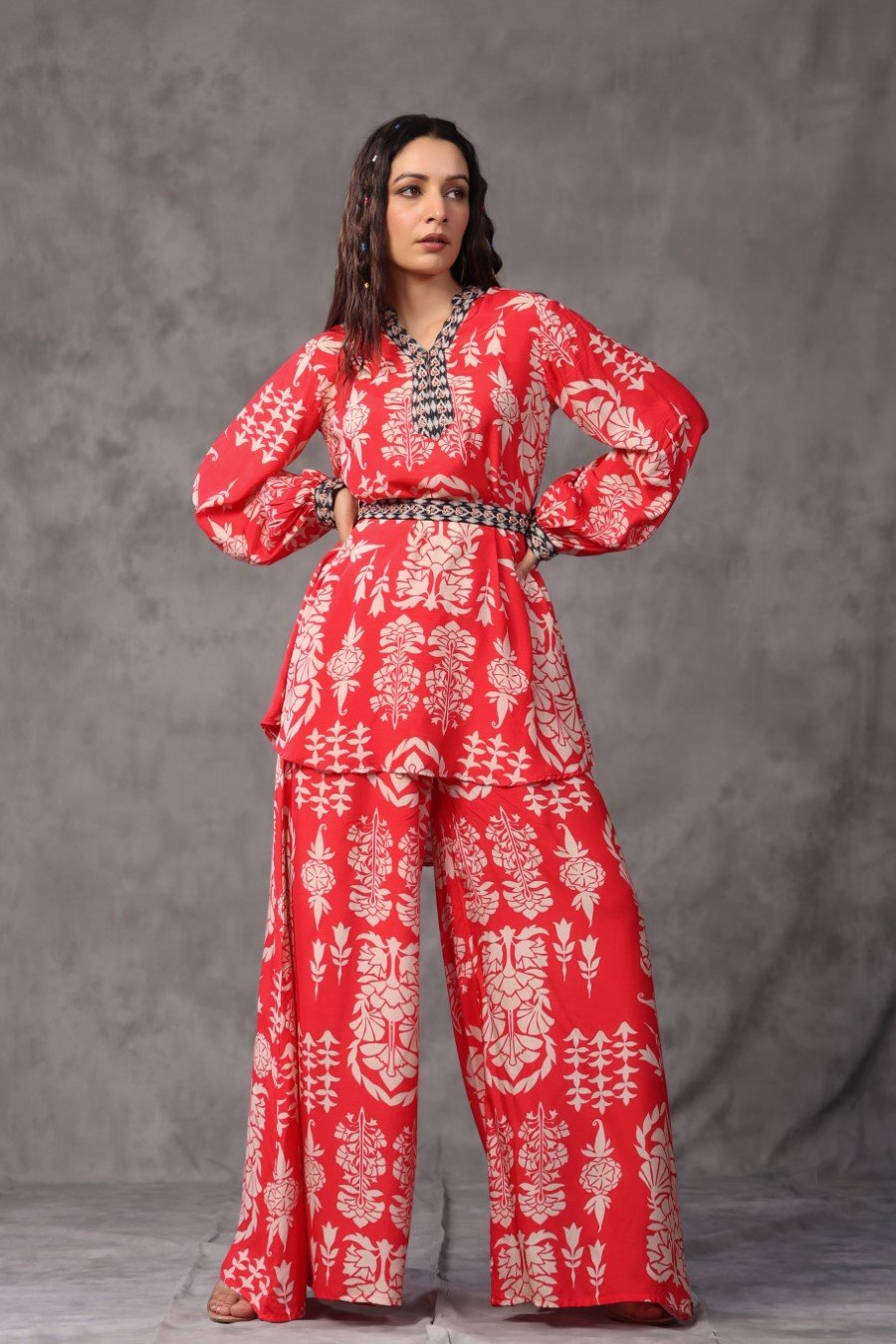 Carmine Red Printed Tunic with Palazzo Pant