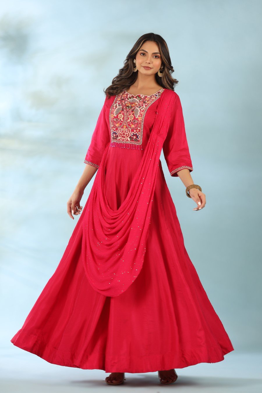 Rani Pink Modal Silk Draped Anarkali