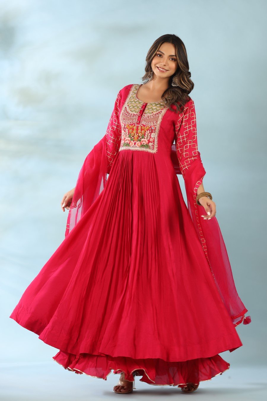 Rani Pink Modal Silk Anarkali with Dupatta
