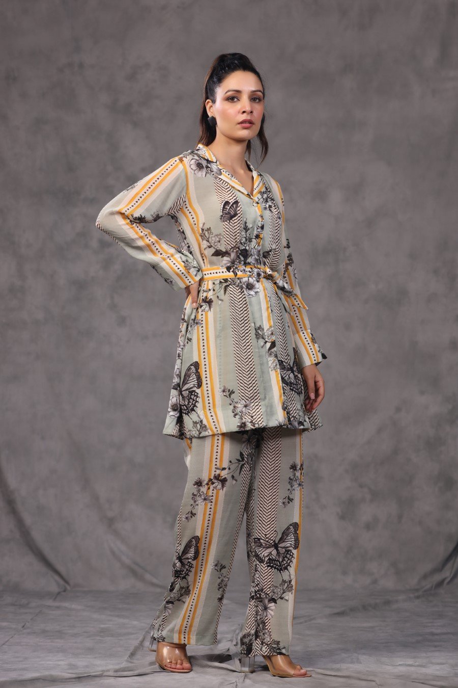 Grey Striped & Floral Spanish Crepe Co-ord Set
