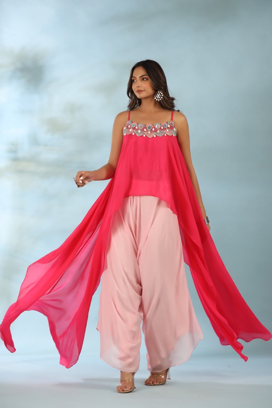 Pink Embroidered Asymmetrical Tunic With Dhoti Pants