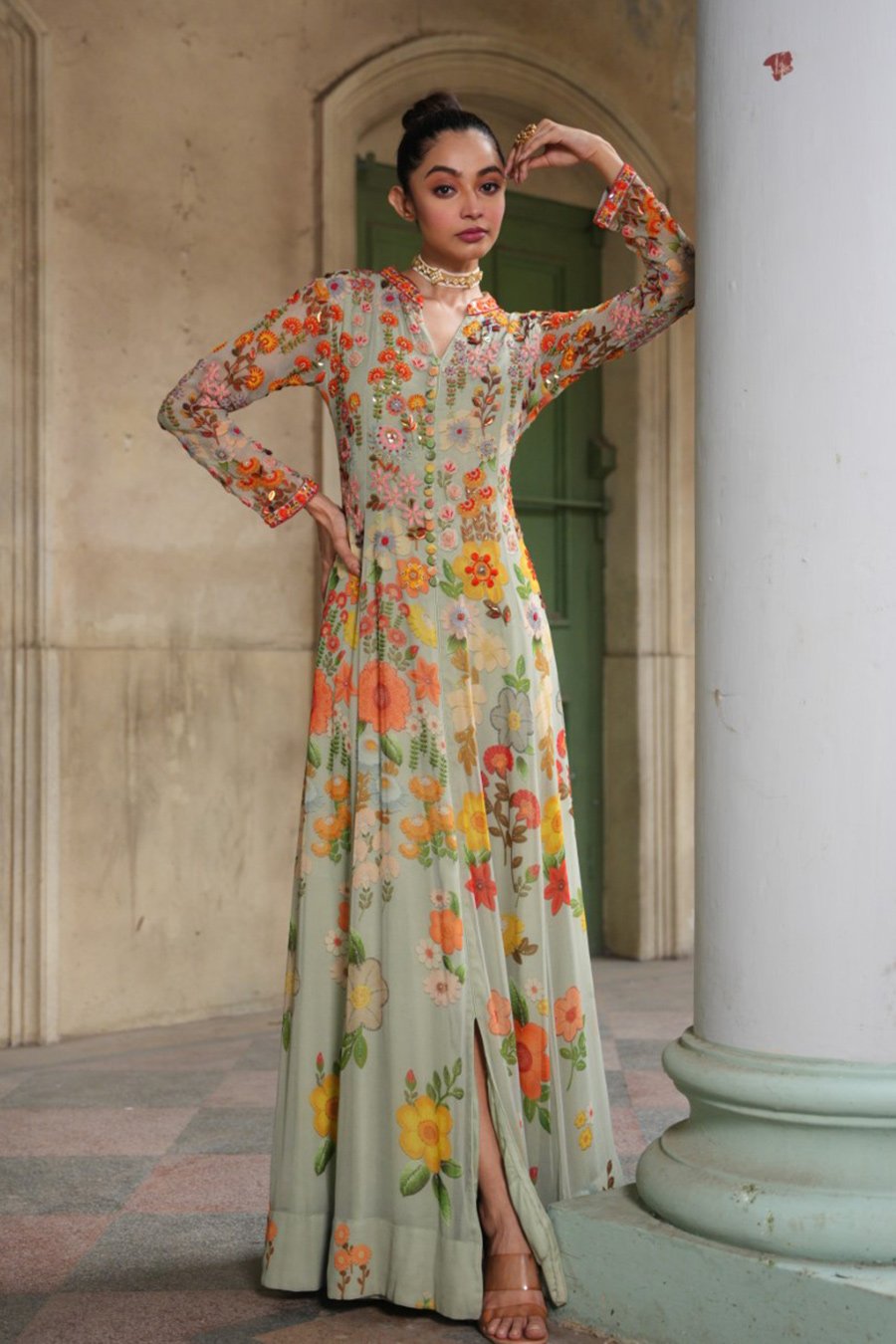 Pastel Green Floral Embroidered Anarkali