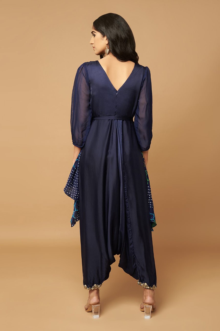 Midnight Blue Bandhani Cape With Cowl Jumpsuit