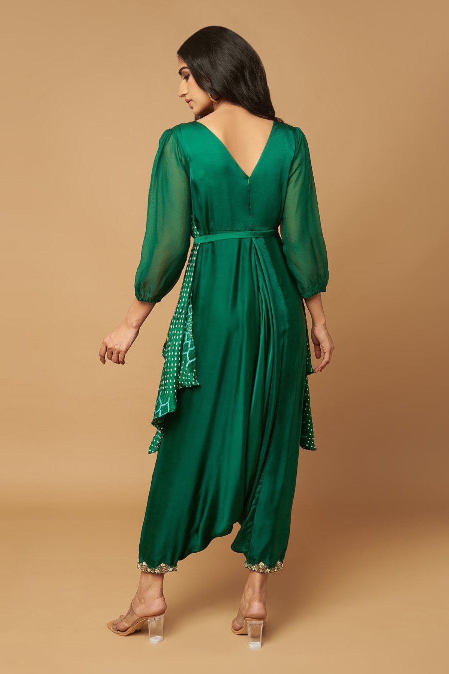 Emerald Green Bandhani Cape With Cowl Jumpsuit