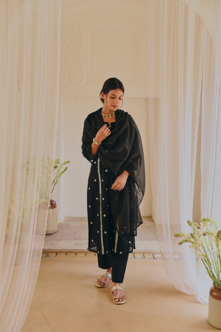 Black Gota-Patti Embroidered Chanderi Silk Kurta Sets
