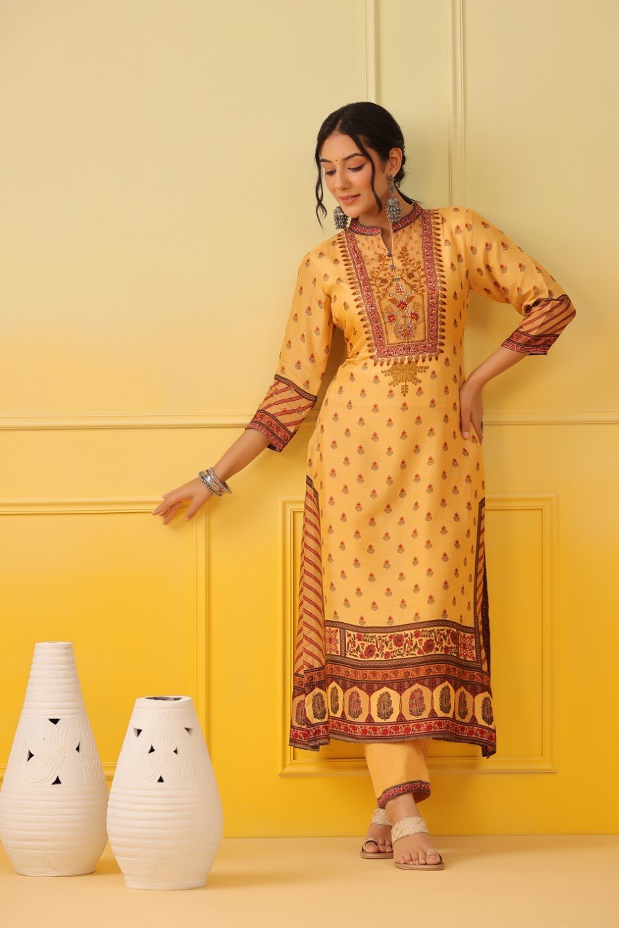 Yellow Ethnic Tussar Silk Kurta with Pant