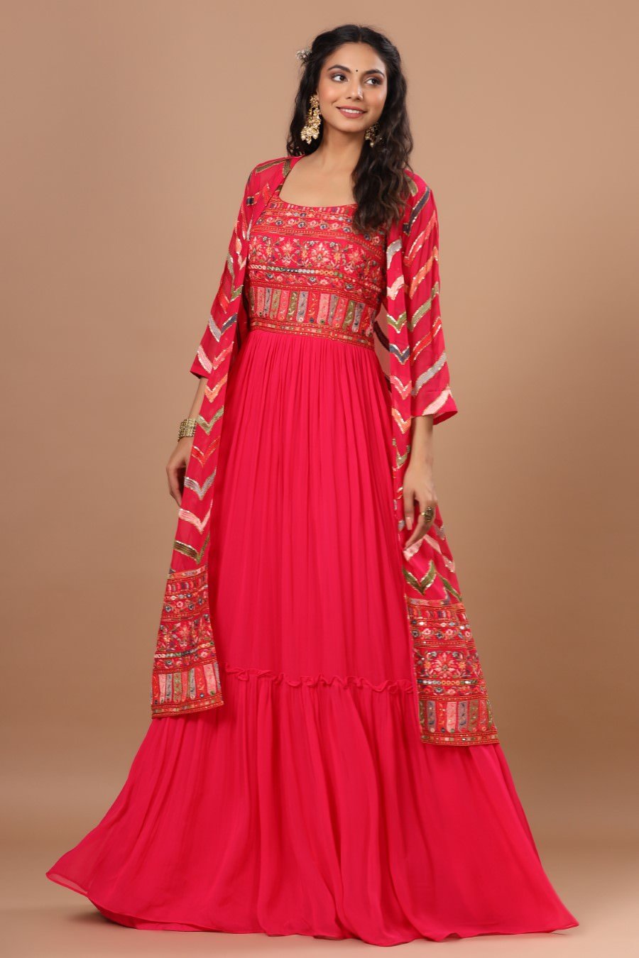 Alluring Rani Pink Resham Embroidered Dress with Cape