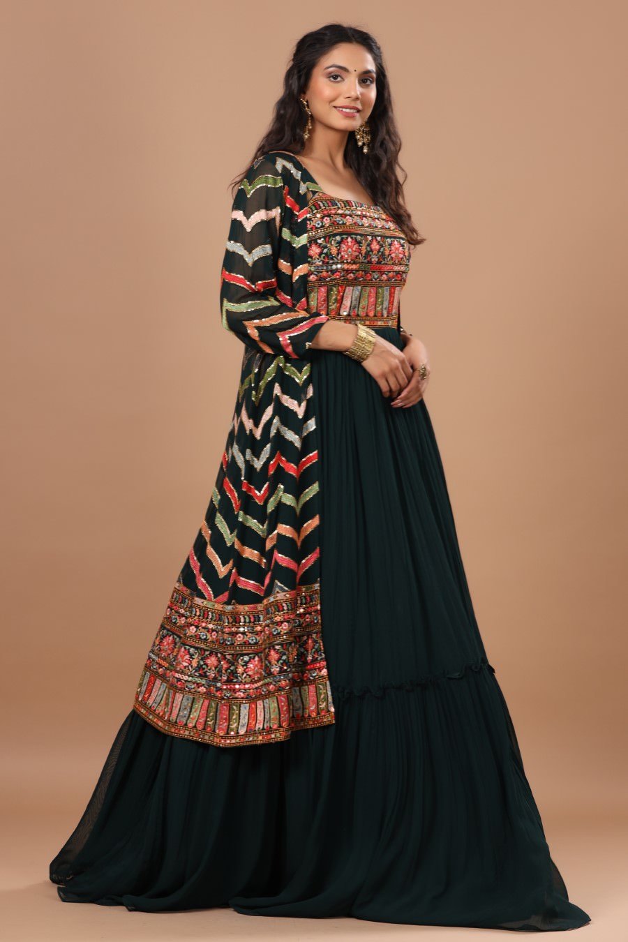 Alluring Bottle Green Resham Embroidered Dress With Cape