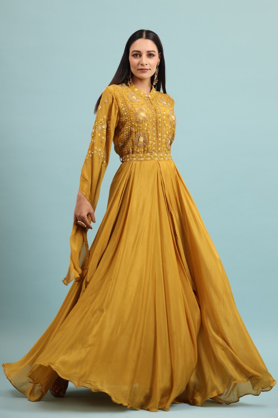 Mustard Embellished Chinon Silk Gown