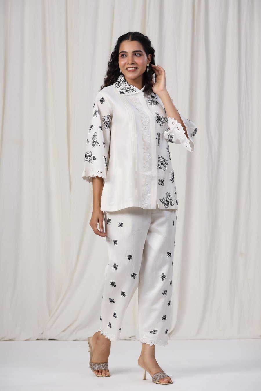 White Butterfly Embroidered Lotus Silk Co-ord Set