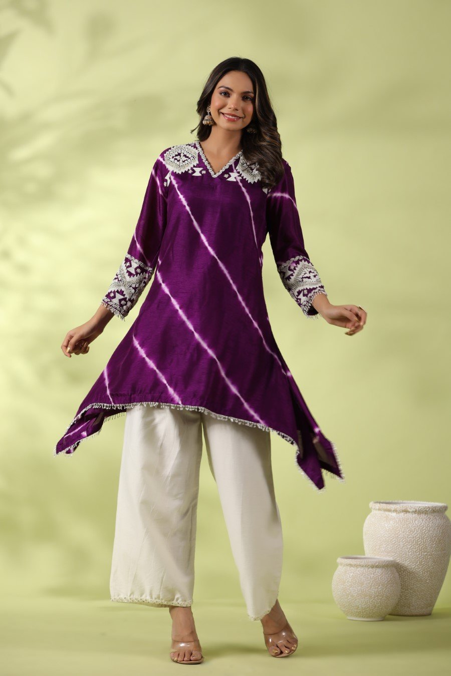 Purple Tie-dyed &amp; Embroidered Asymmetrical Kurta with Palazzo