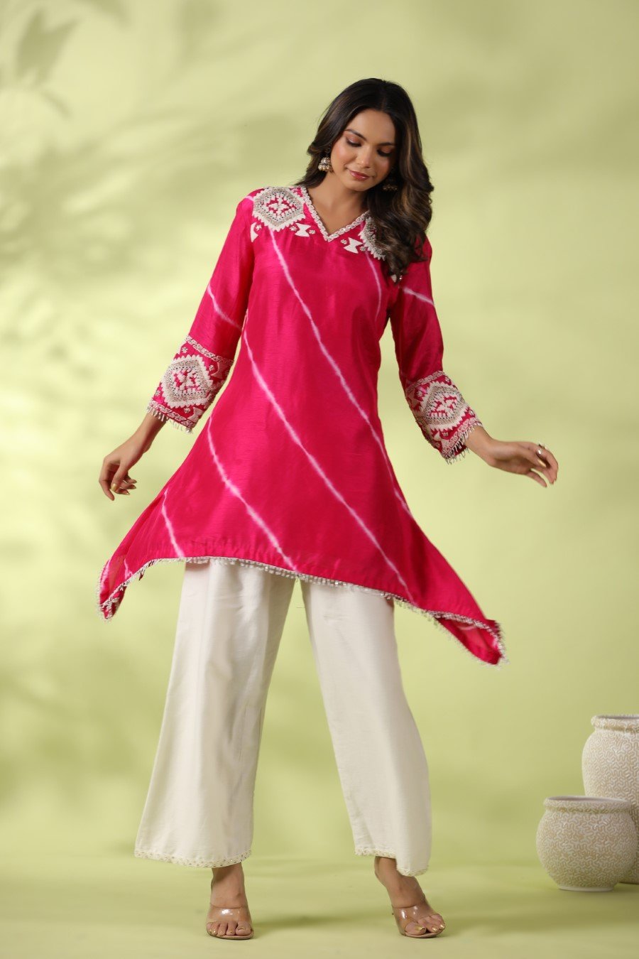 Pink Tie-dyed &amp; Embroidered Asymmetrical Kurta with Palazzo