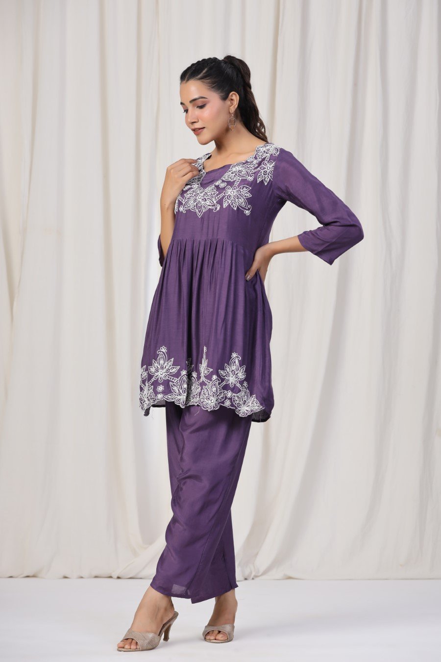 Purple Floral Embroidered Co-ord Set