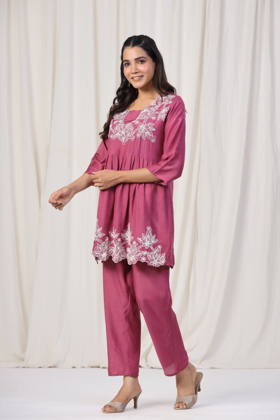 Ruby Pink Floral Embroidered Co-ord Set