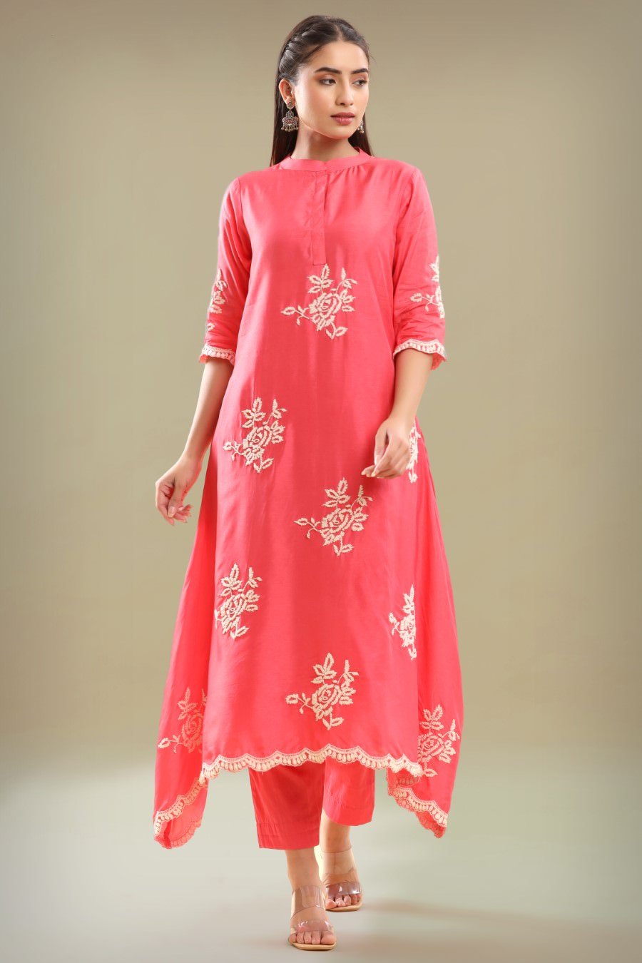 Bright Pink Embroidered A-line Kurta With Pant