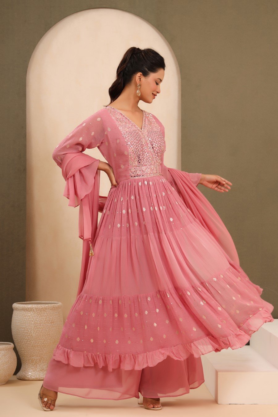 Fawn Pink Sequin &amp; Mirorr Embroidered Palazzo Set