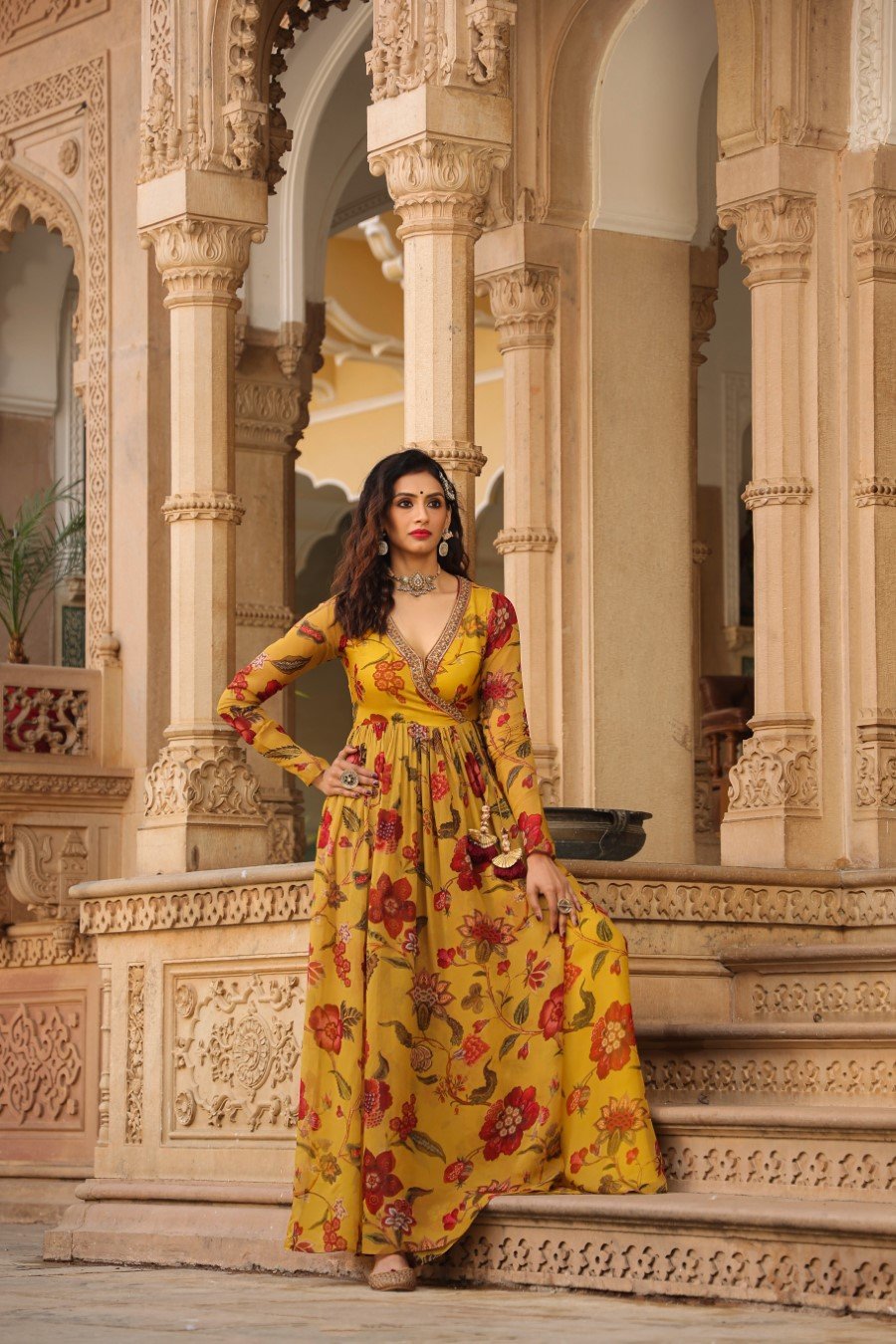 Mustard Floral Angrakha Georgette Silk Gown