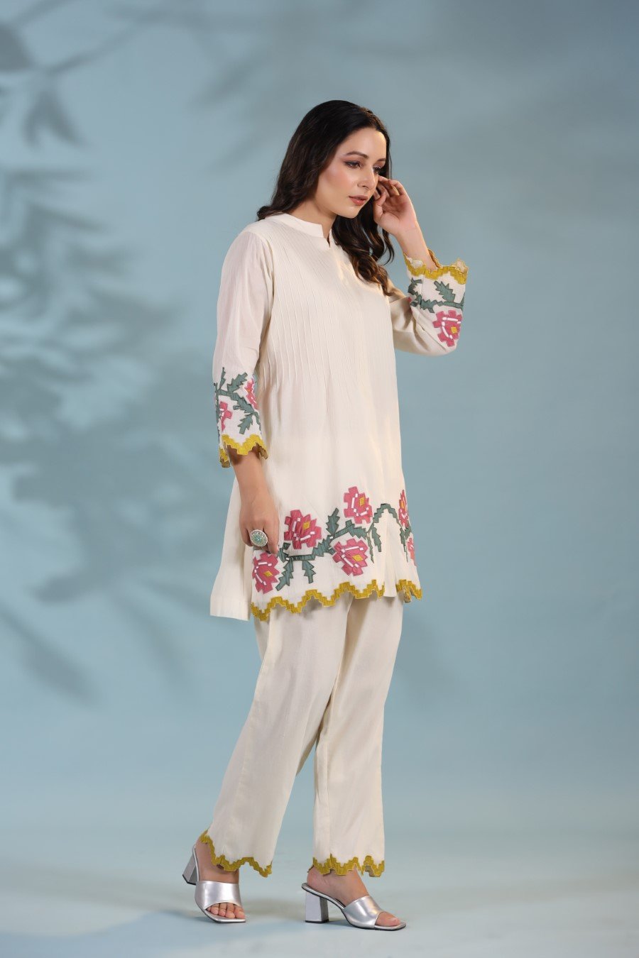 Off White Cutwork Applique Embroidered Co-ord Set