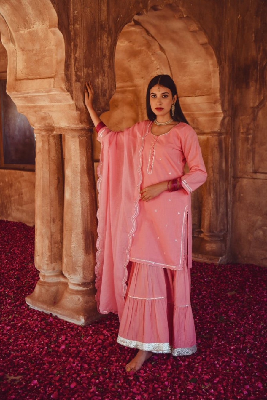 Pink Floral & Embellished Sharara Set