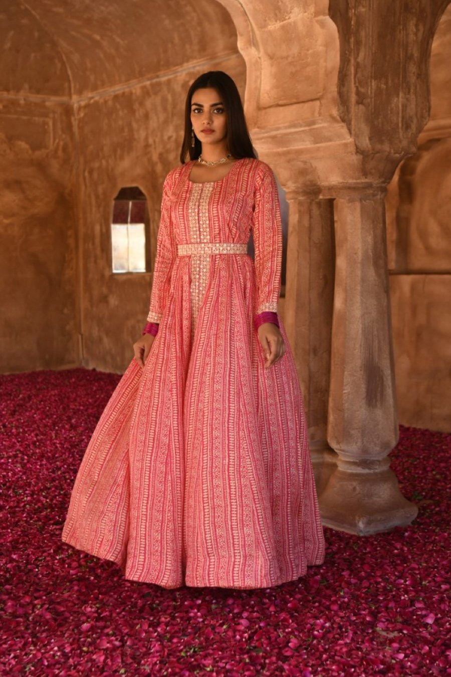 Pink Ethnic Embroidered Anarkali with Belt