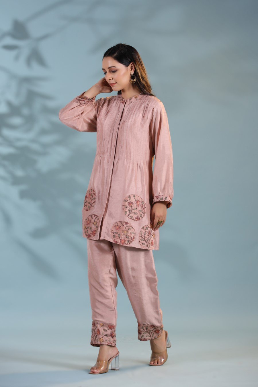 Blush Pink Tussar Silk Kantha Embroidered Co-Ord Set