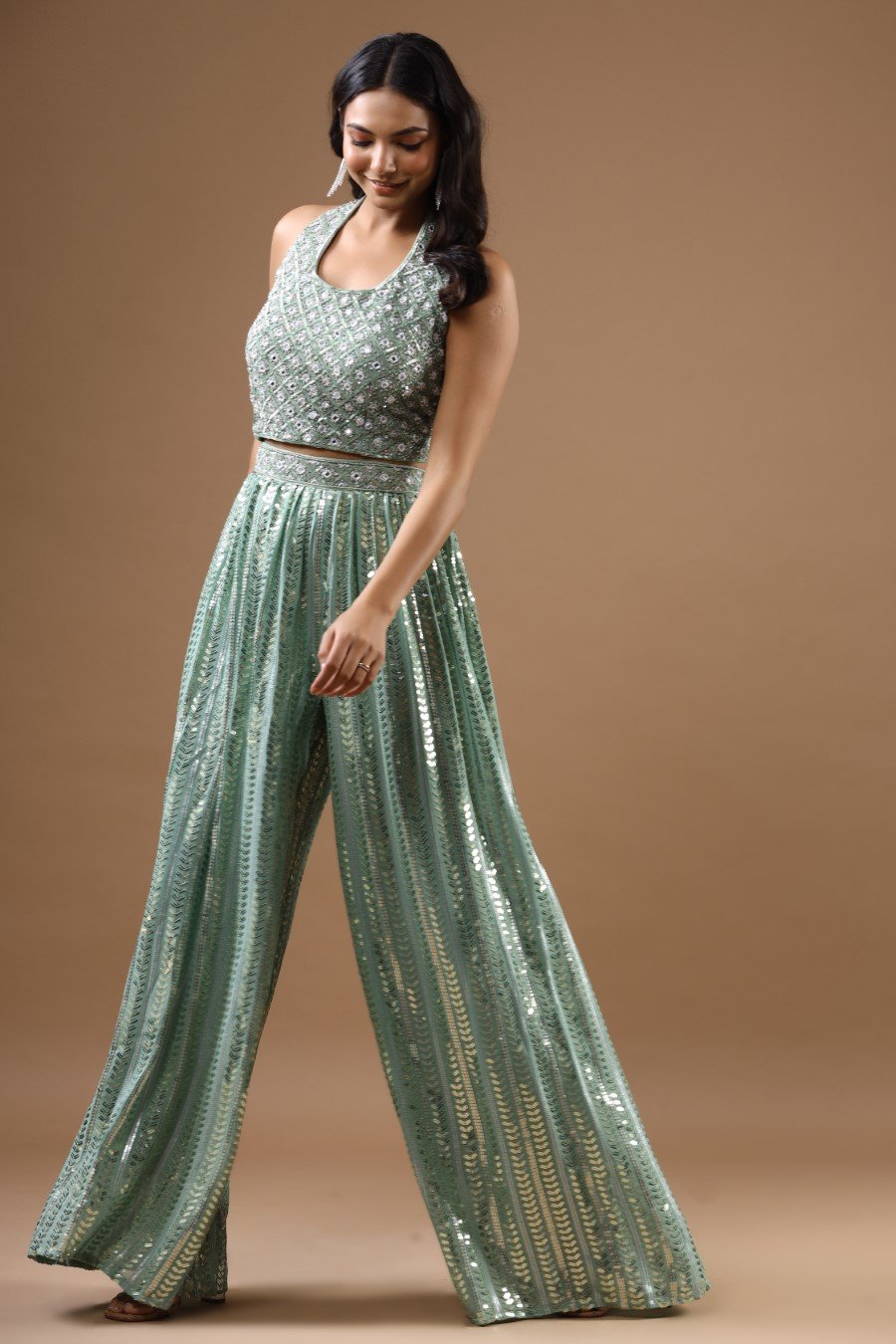 Sage Green Embroidered Palazzo with Crop Top