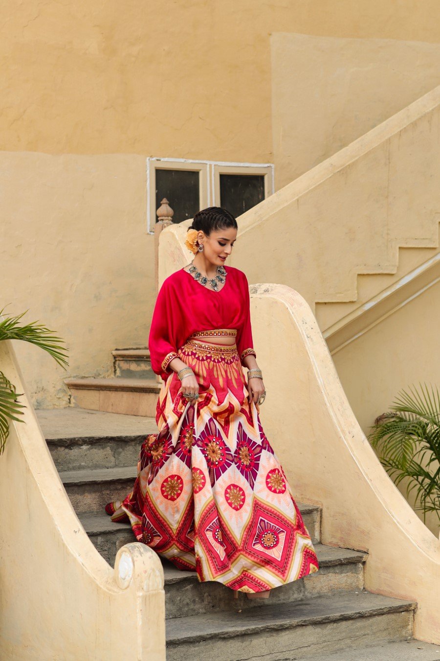 Rose Red Ethnic Skirt with Crop Top