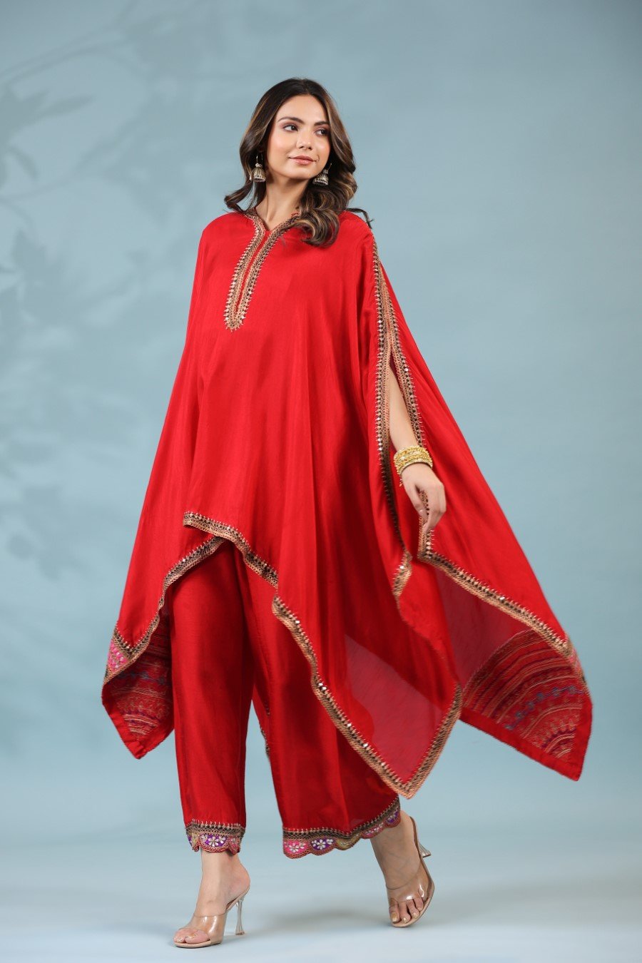 Red Zari Embroidered Asymmetrical Tunic &amp; Pants