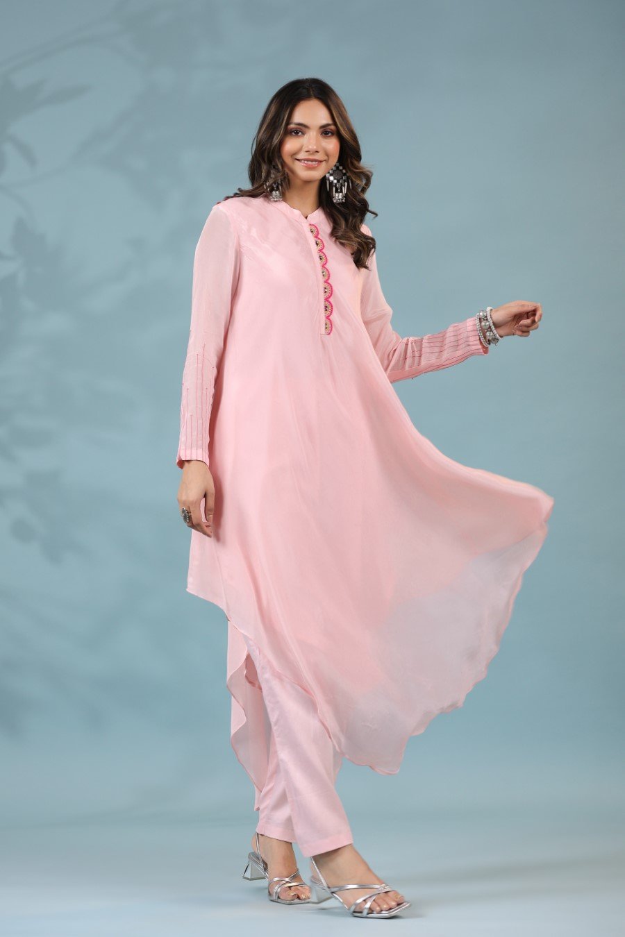 Pastel Pink Crepe Silk Tunic with Pants