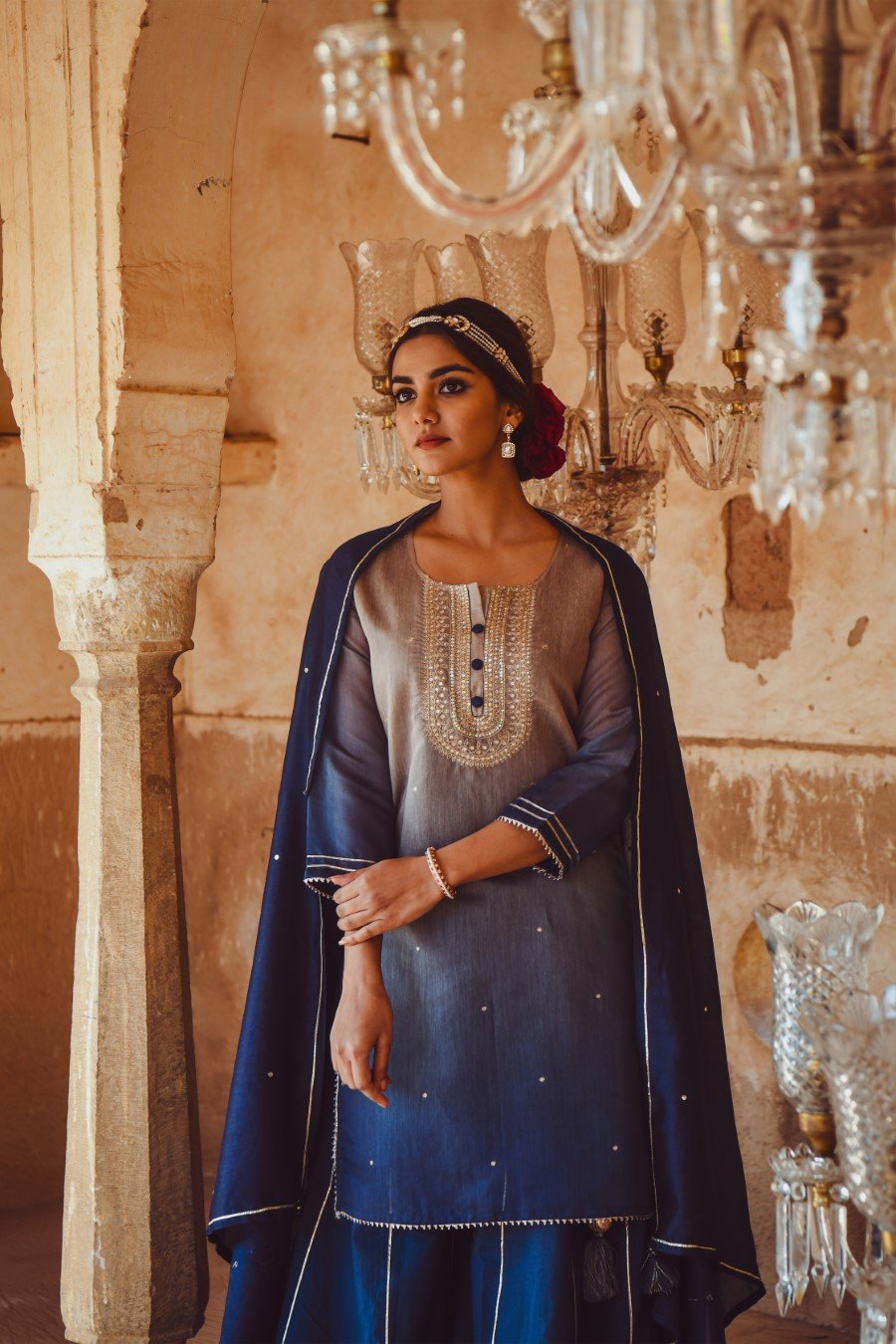 Royal Blue Ombre Embroidered  Sharara Set