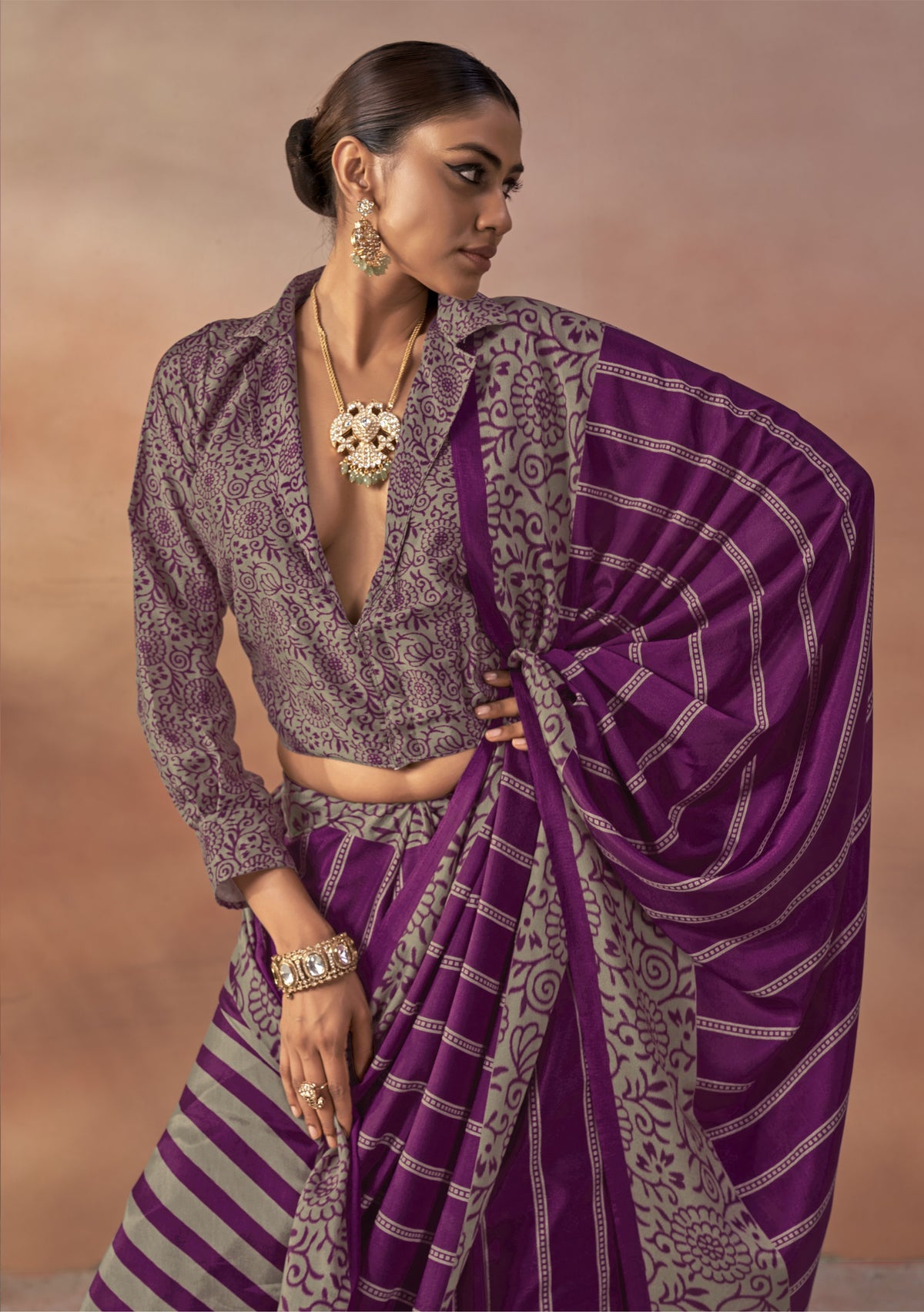 Rich Purple Printed Crepe Silk Saree
