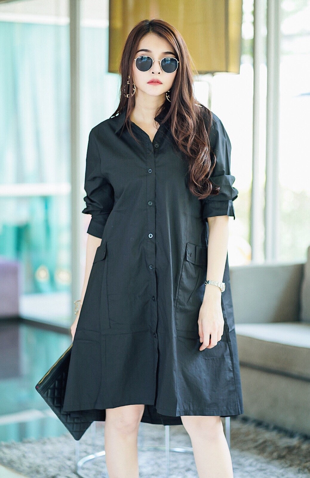 Black Lace-Up Back Cotton Shirt Dress