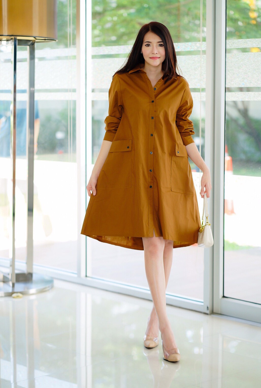 Brown Lace-Up Back Cotton Shirt Dress