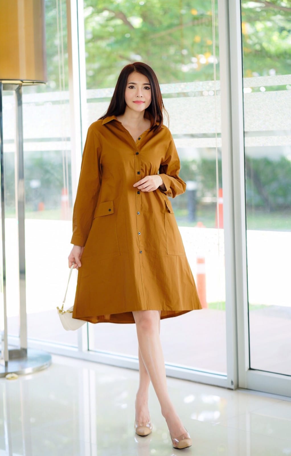 Brown Lace-Up Back Cotton Shirt Dress
