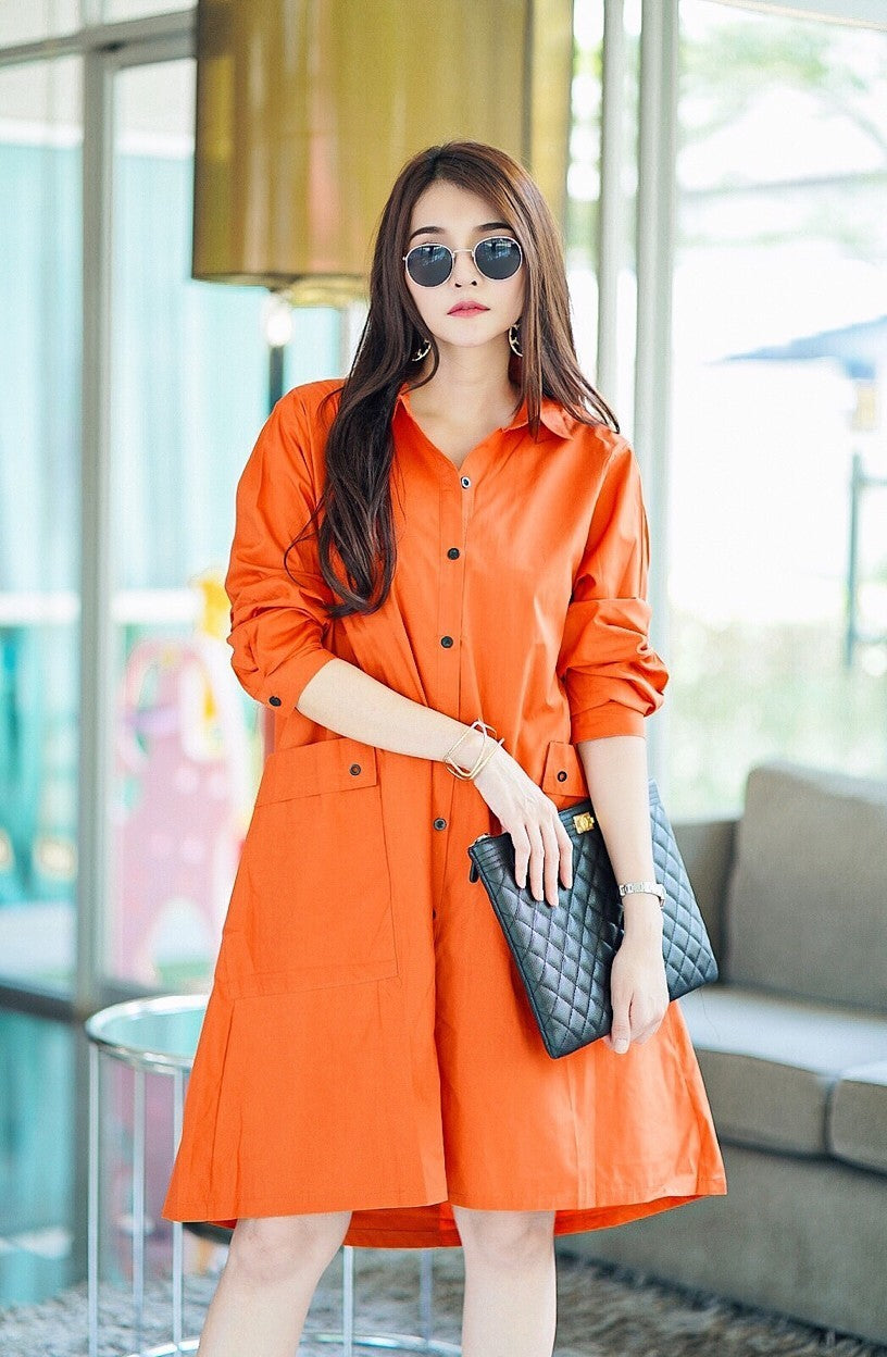 Orange Lace-Up Back Cotton Shirt Dress