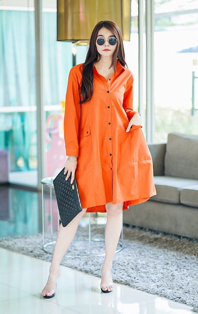 Orange Lace-Up Back Cotton Shirt Dress