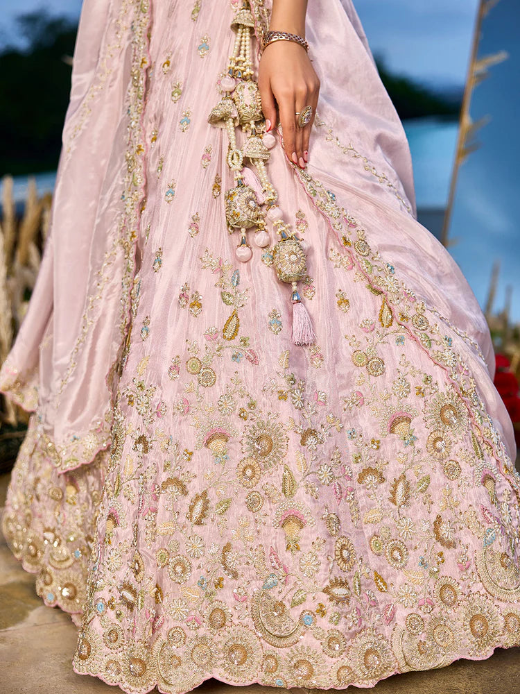 Baby Pink Embellished Tissue Silk Lehenga Set