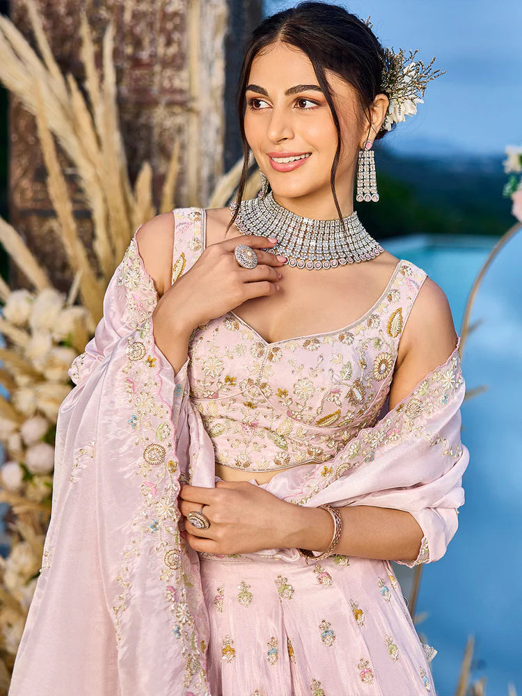 Baby Pink Embellished Tissue Silk Lehenga Set