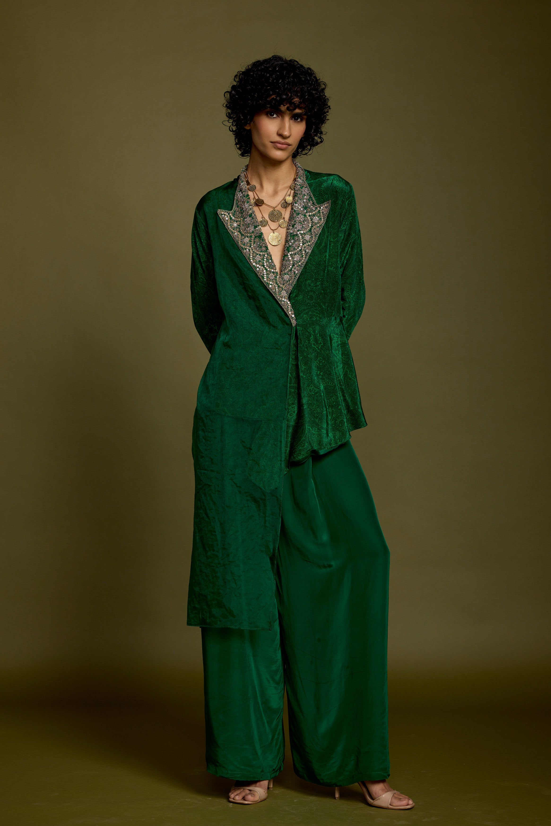 Emerald Green Embellished Satin Silk Co-Ord Set