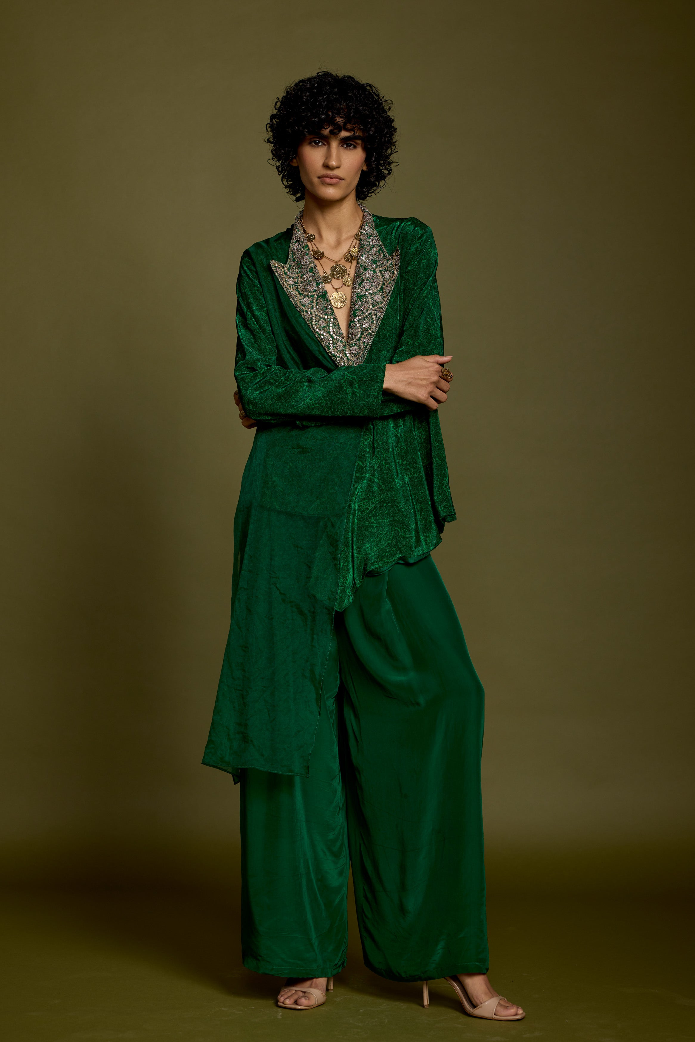 Emerald Green Embellished Satin Silk Co-Ord Set