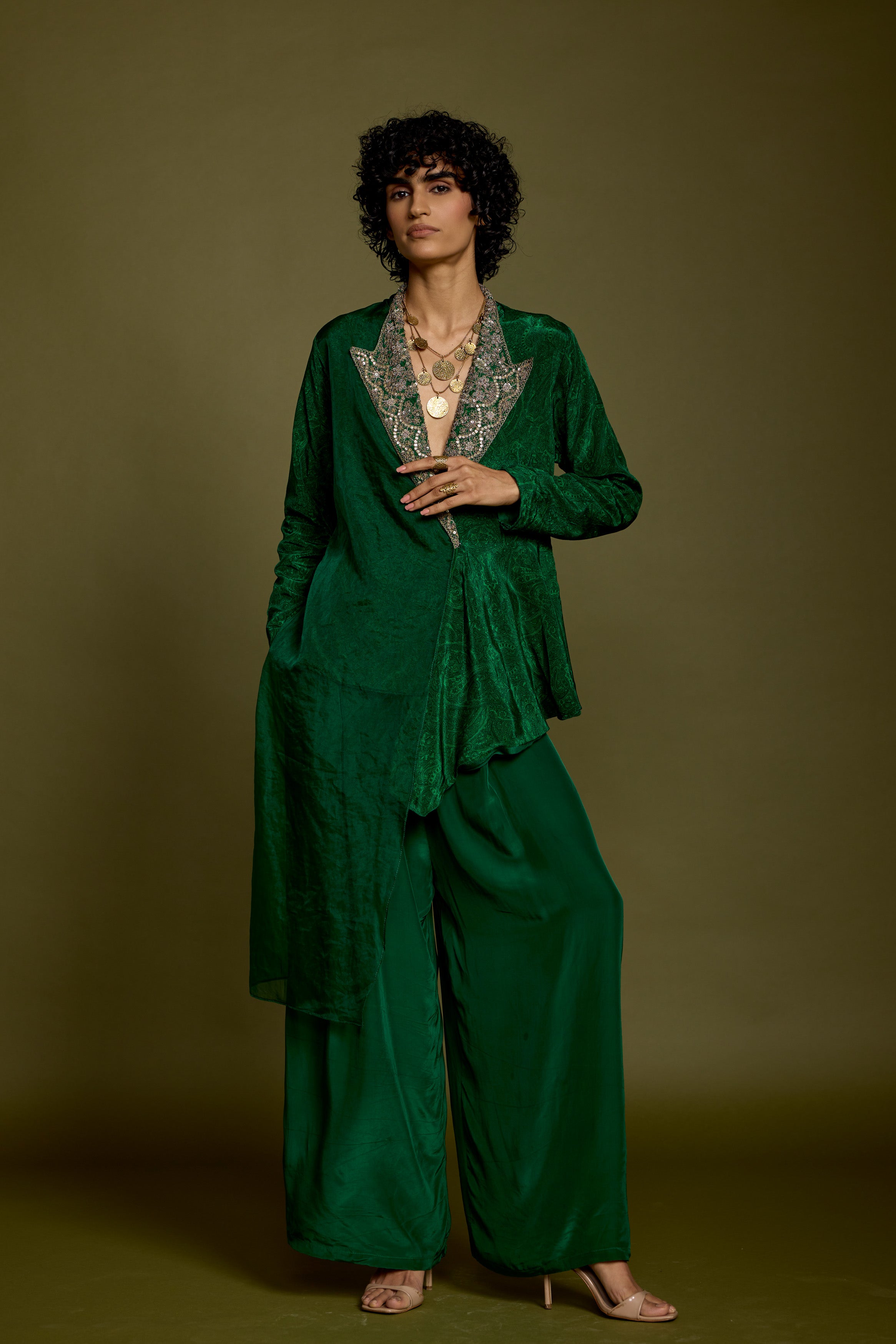 Emerald Green Embellished Satin Silk Co-Ord Set