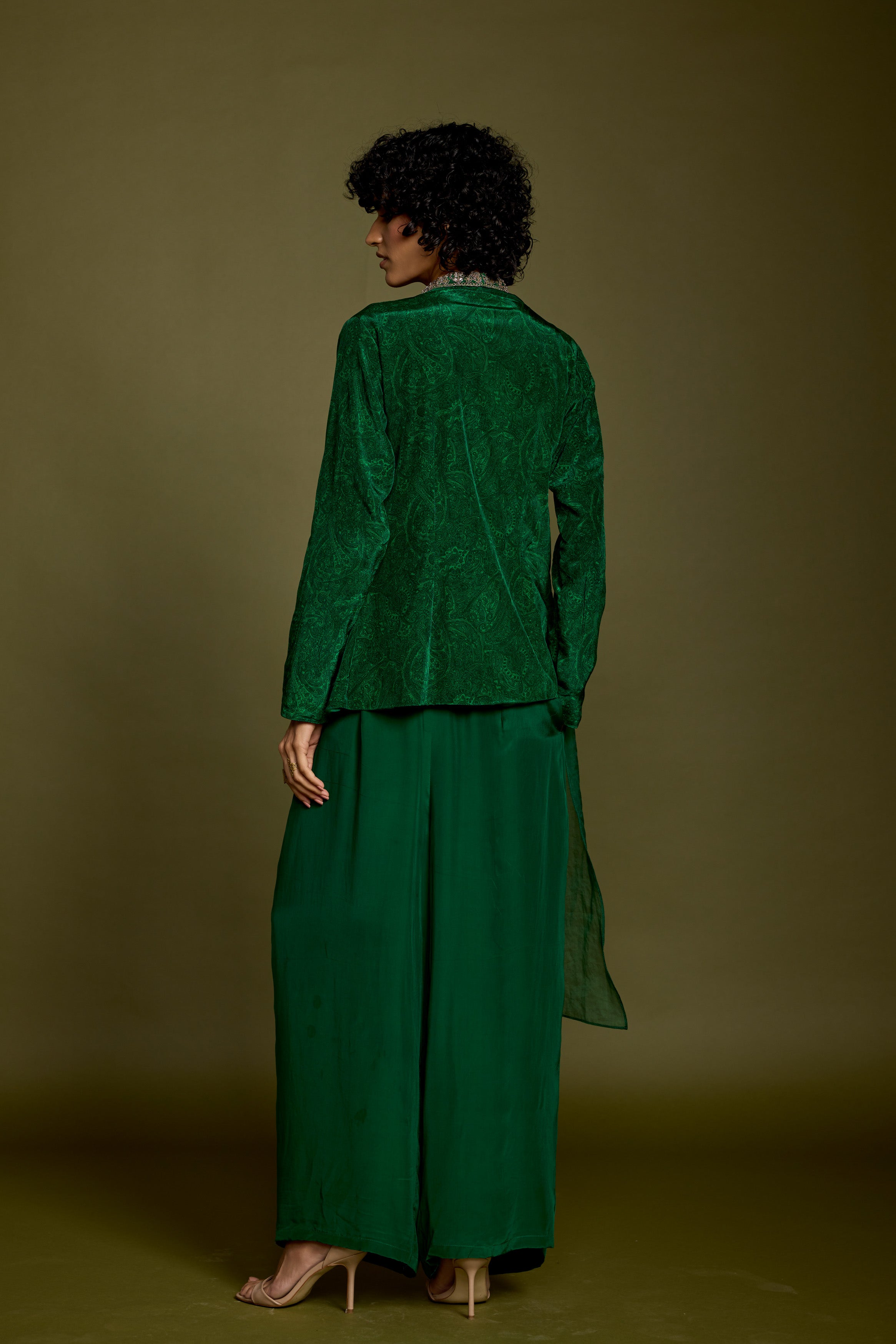 Emerald Green Embellished Satin Silk Co-Ord Set
