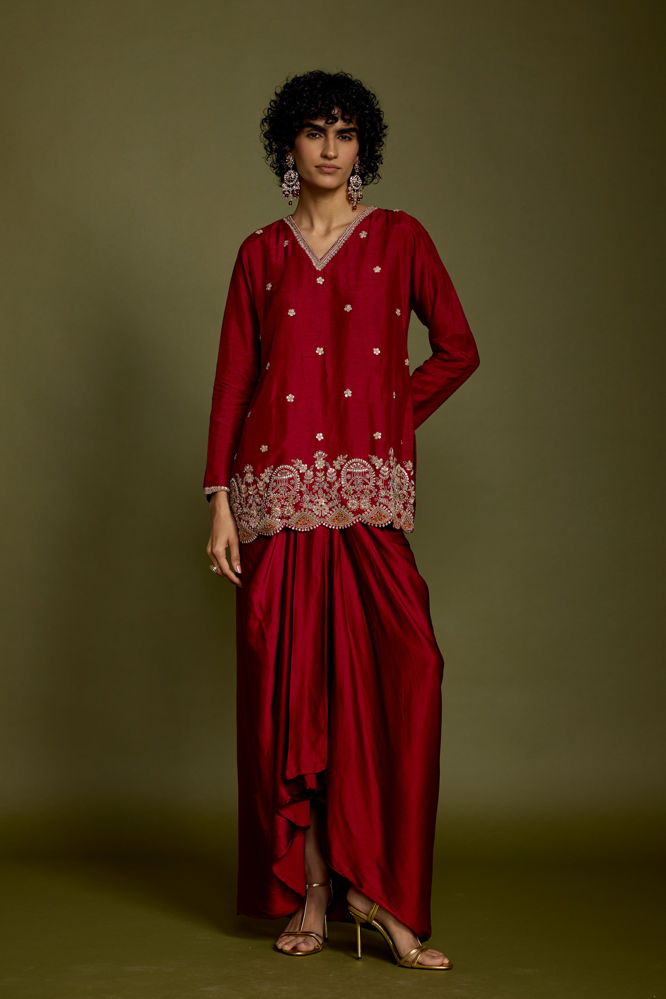 Maroon Red Embellished Georgette Silk Skirt Set