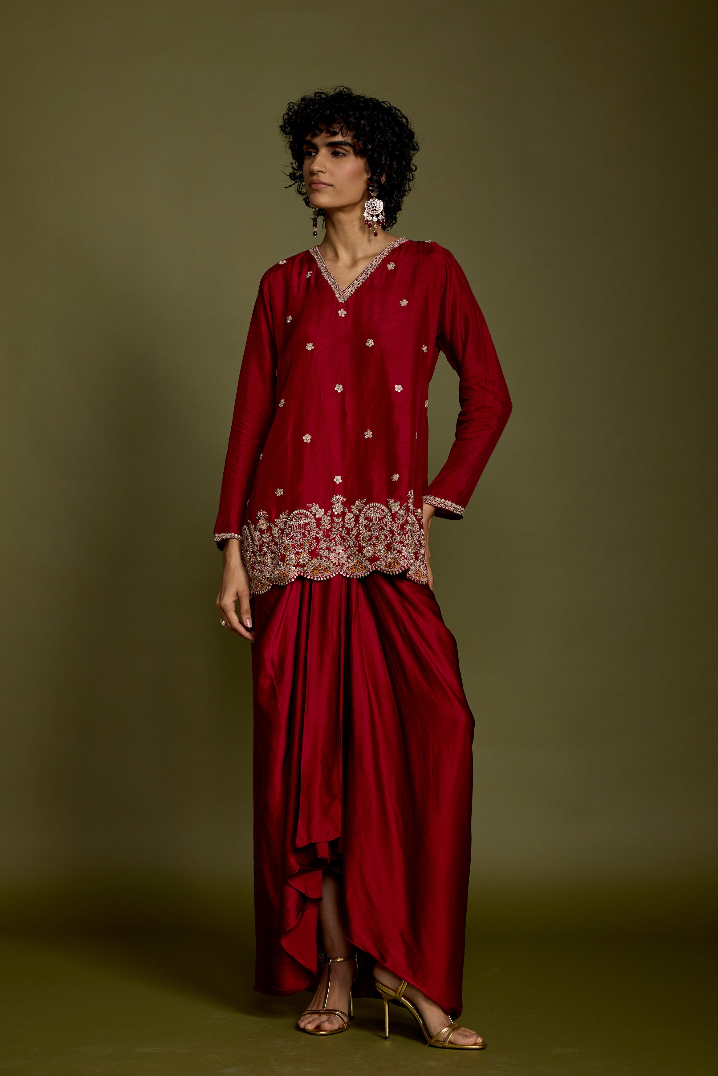Maroon Red Embellished Georgette Silk Skirt Set