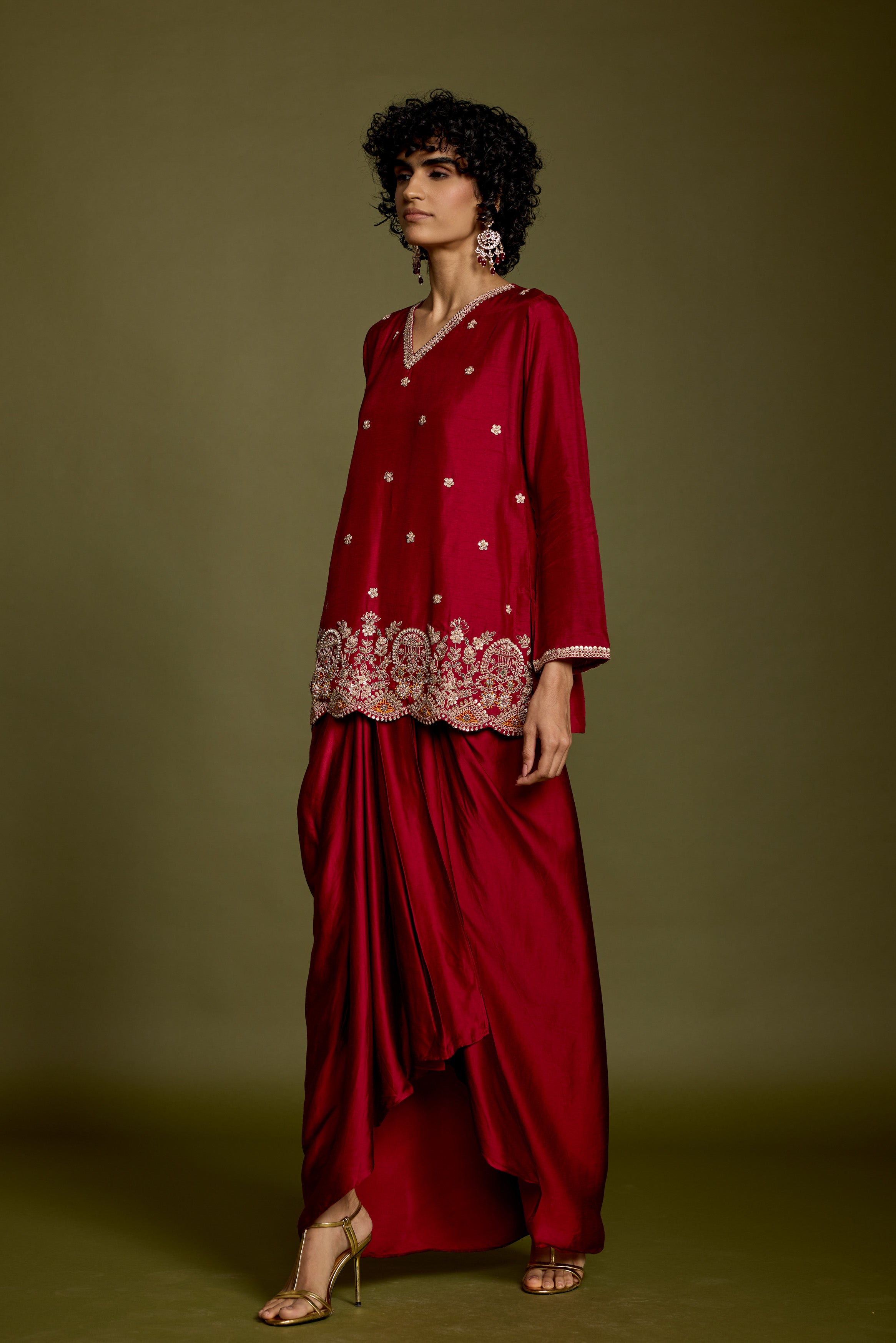 Maroon Red Embellished Georgette Silk Skirt Set