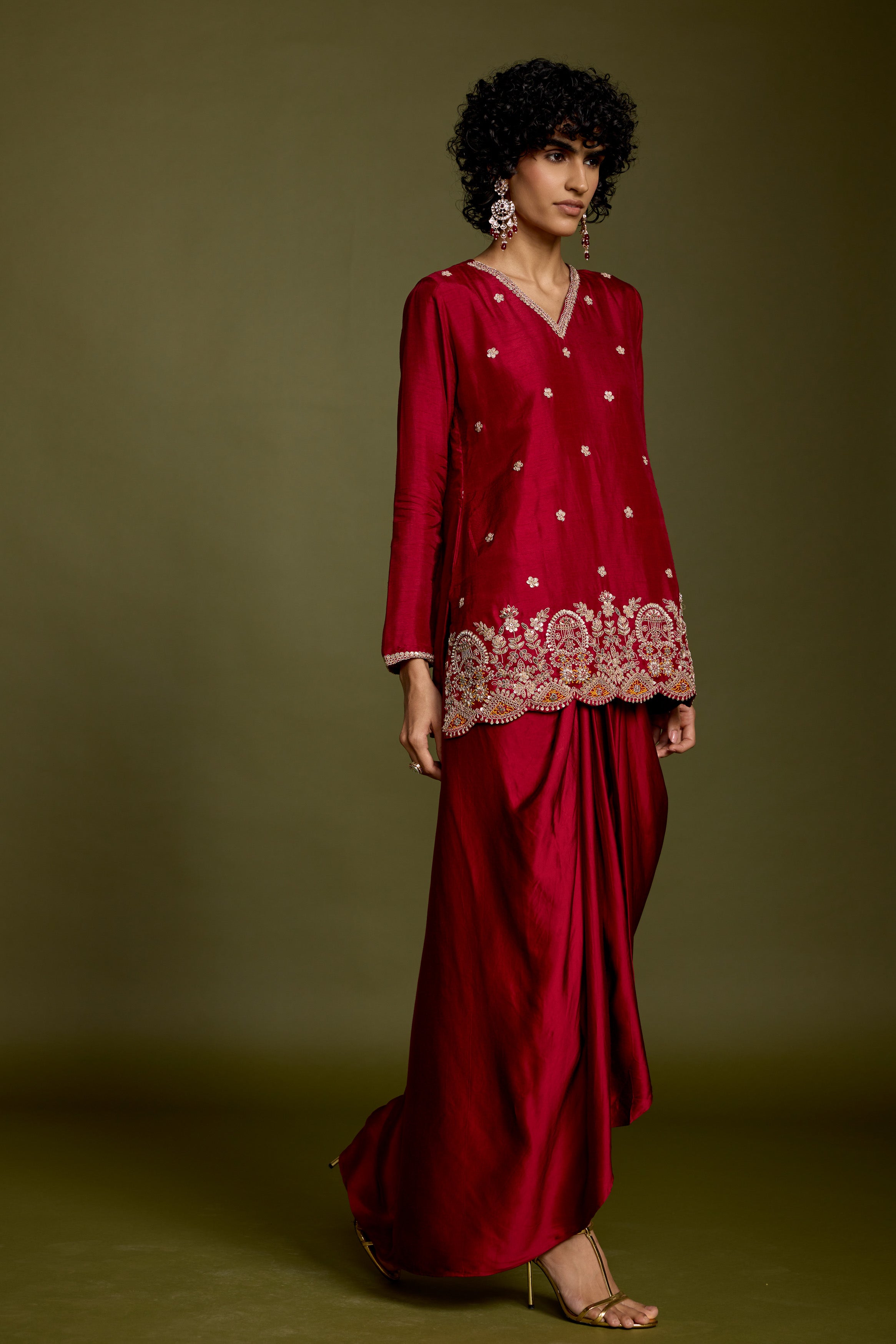 Maroon Red Embellished Georgette Silk Skirt Set