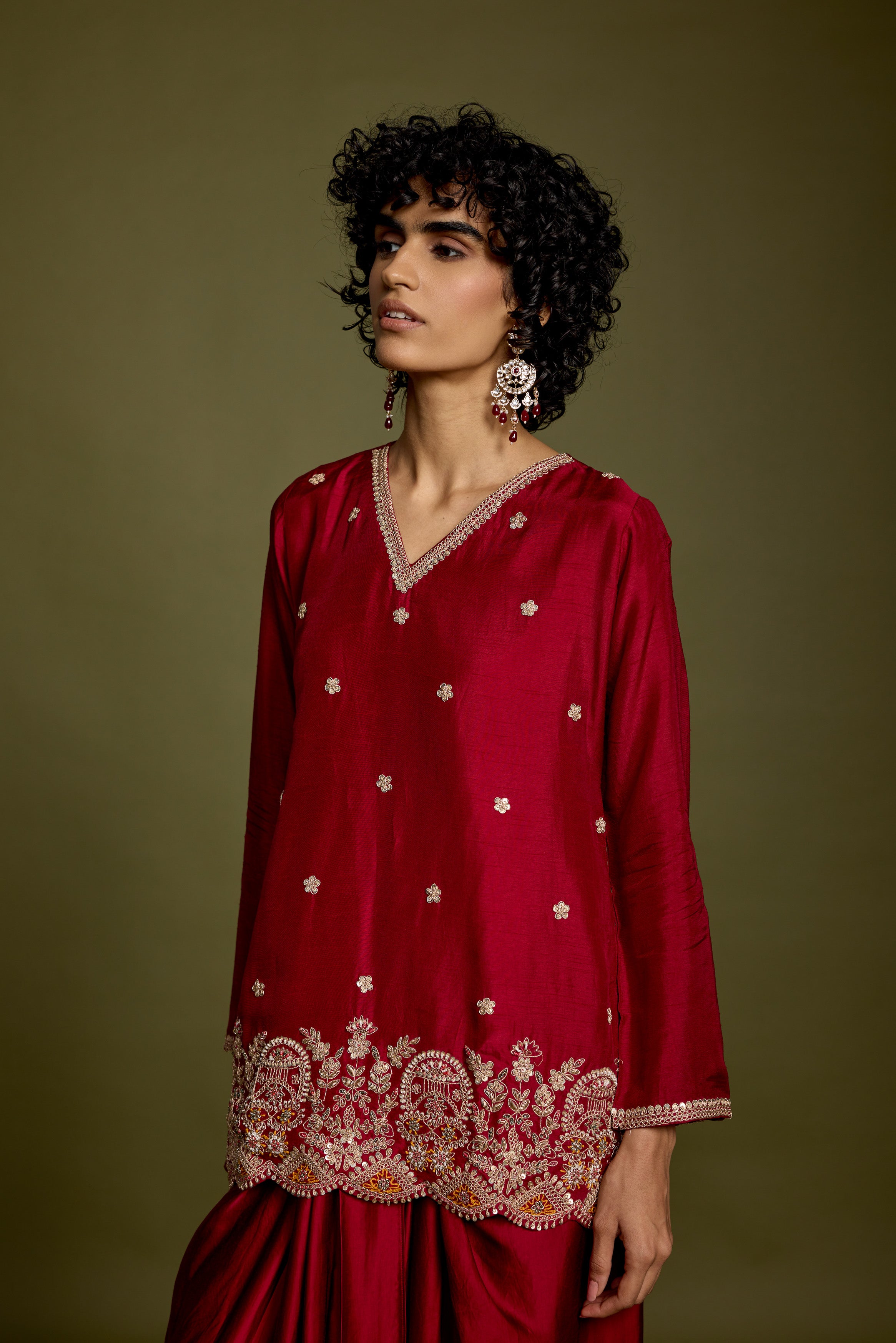 Maroon Red Embellished Georgette Silk Skirt Set